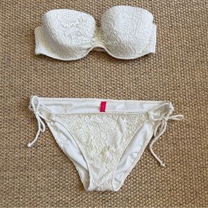 Victoria's Secret Cream Lace Bikini Set Bandeau 34D Bottoms M